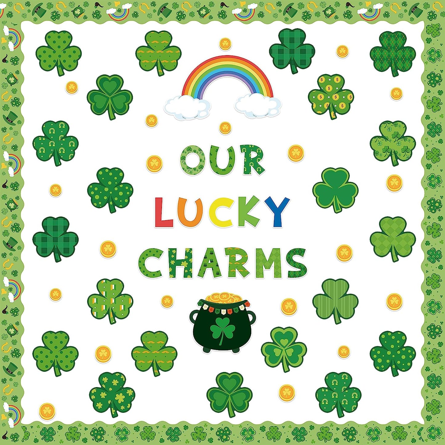 121Pcs St.Patrick Day Shamrock Bulletin Board Decoration Cutouts Set Contain Clover, Gold, Rainbow, Stockpot, Border with Characters About Our Lucky Charms Happy St.Patrick and Home Decoration