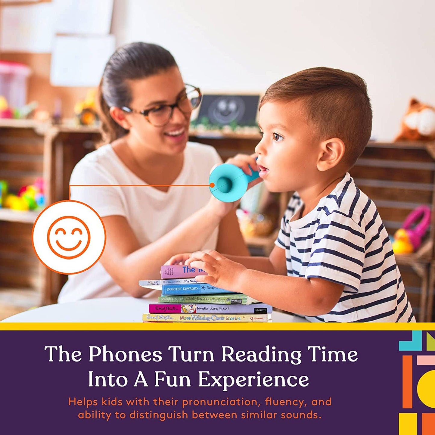 Woman and child with educational toys and books, promoting a fun reading experience.
