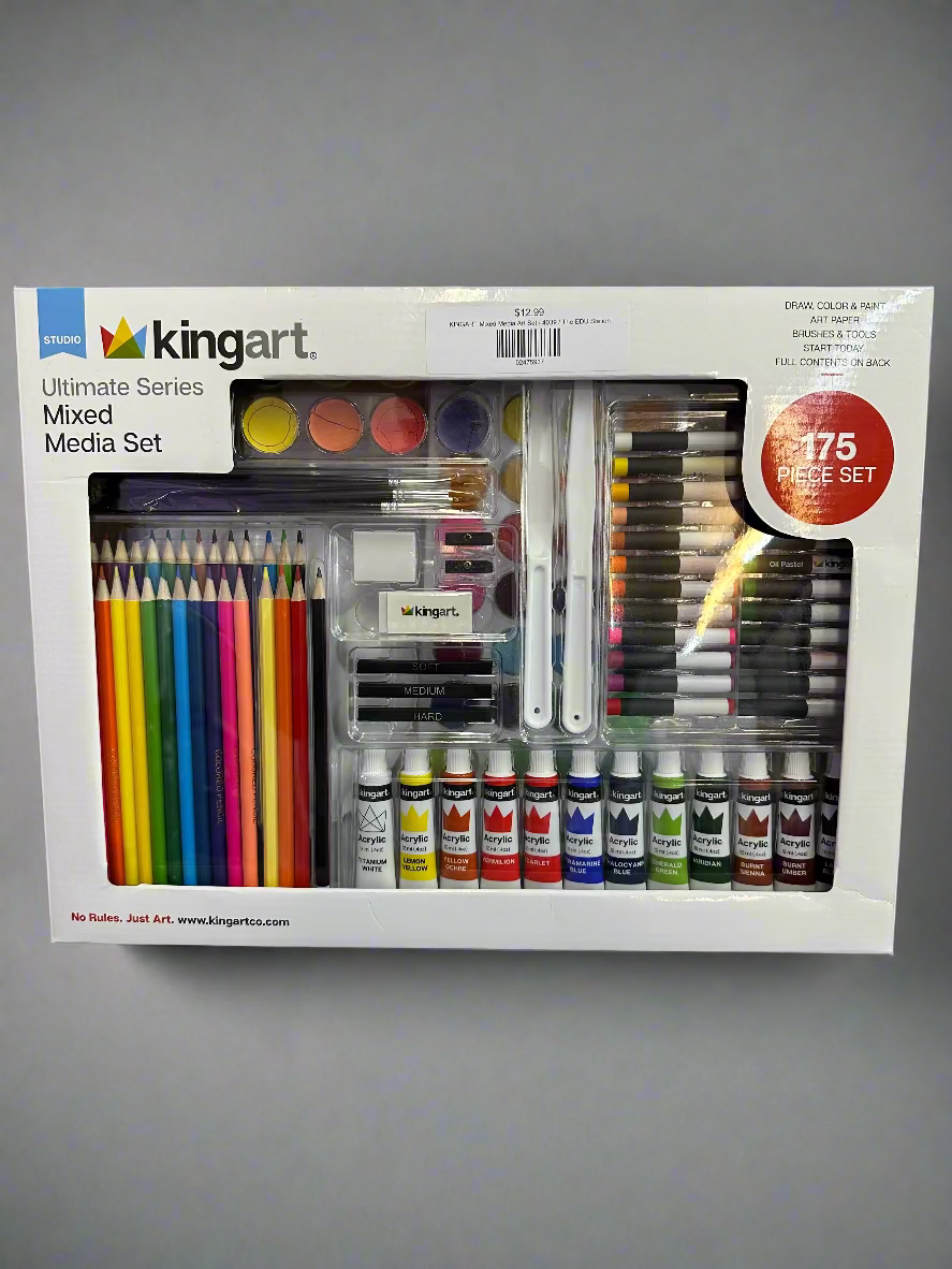 Kingart art supply set packaging on a blue surface