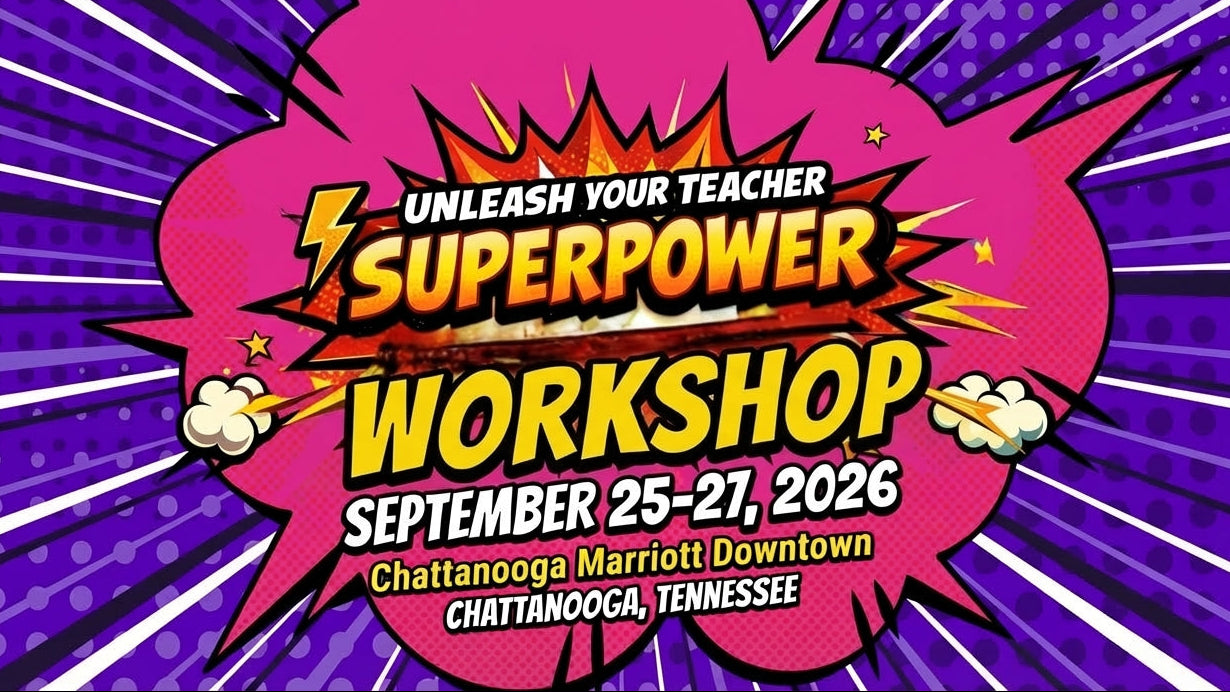 Promotional graphic for 'Unleash Your Teacher Superpower Workshop' with a purple and pink design.