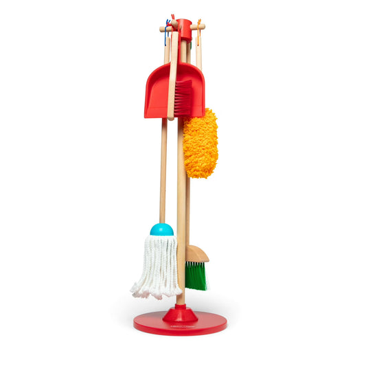 Set of colorful children's cleaning tools on a white background