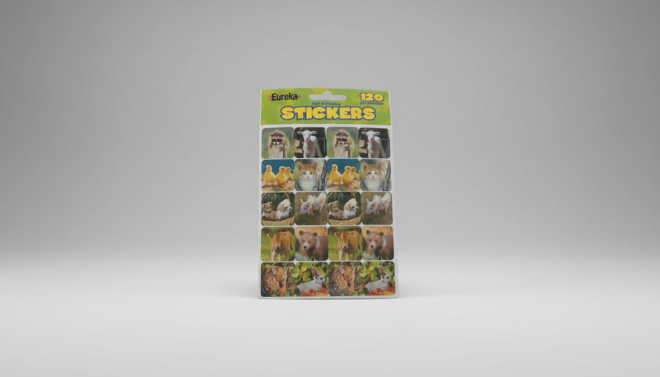 Pack of Eureka stickers with animal designs held by a person.