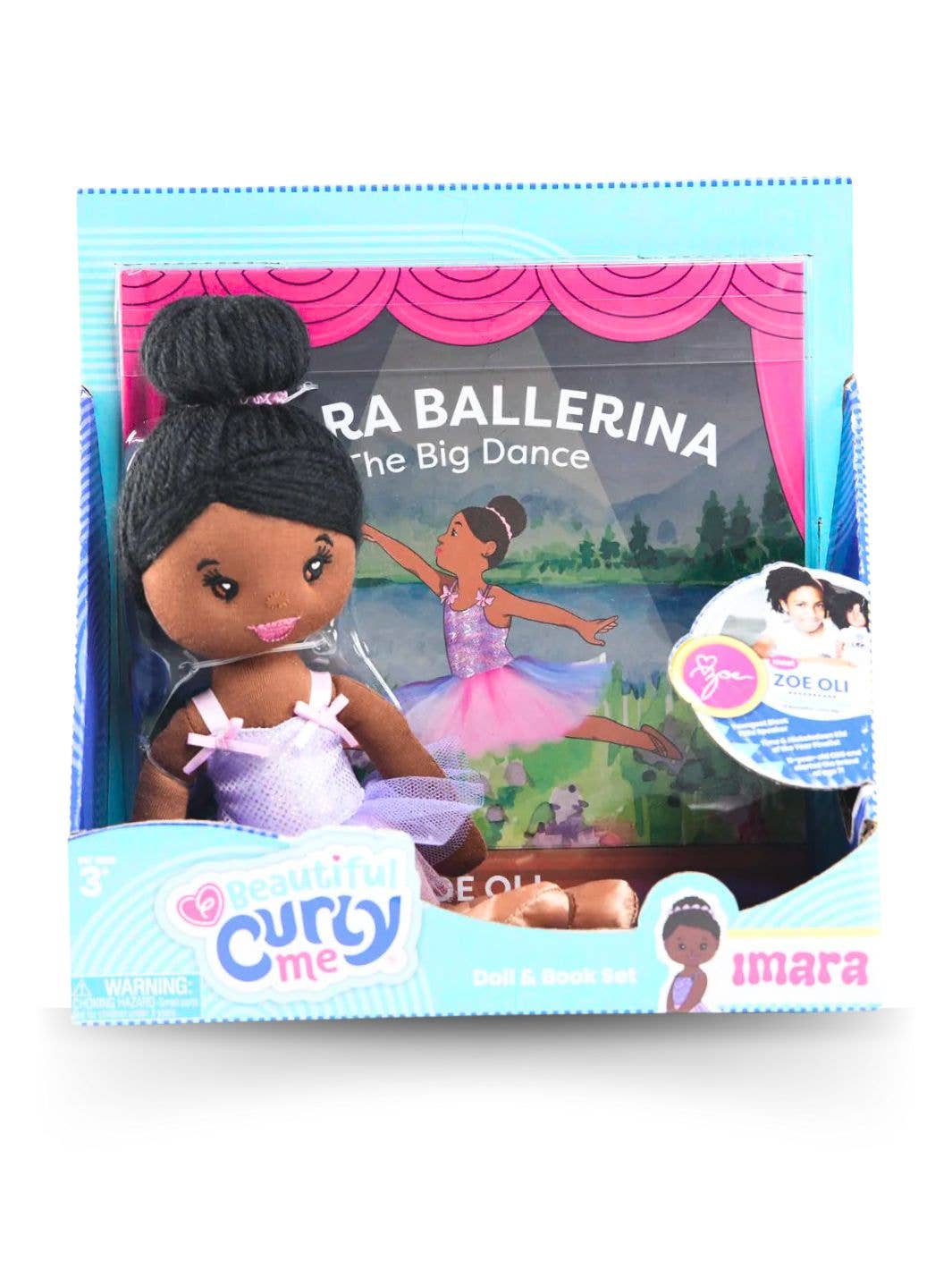 Packaged doll with curly hair in a ballerina outfit, featuring 'Curly Me' branding.