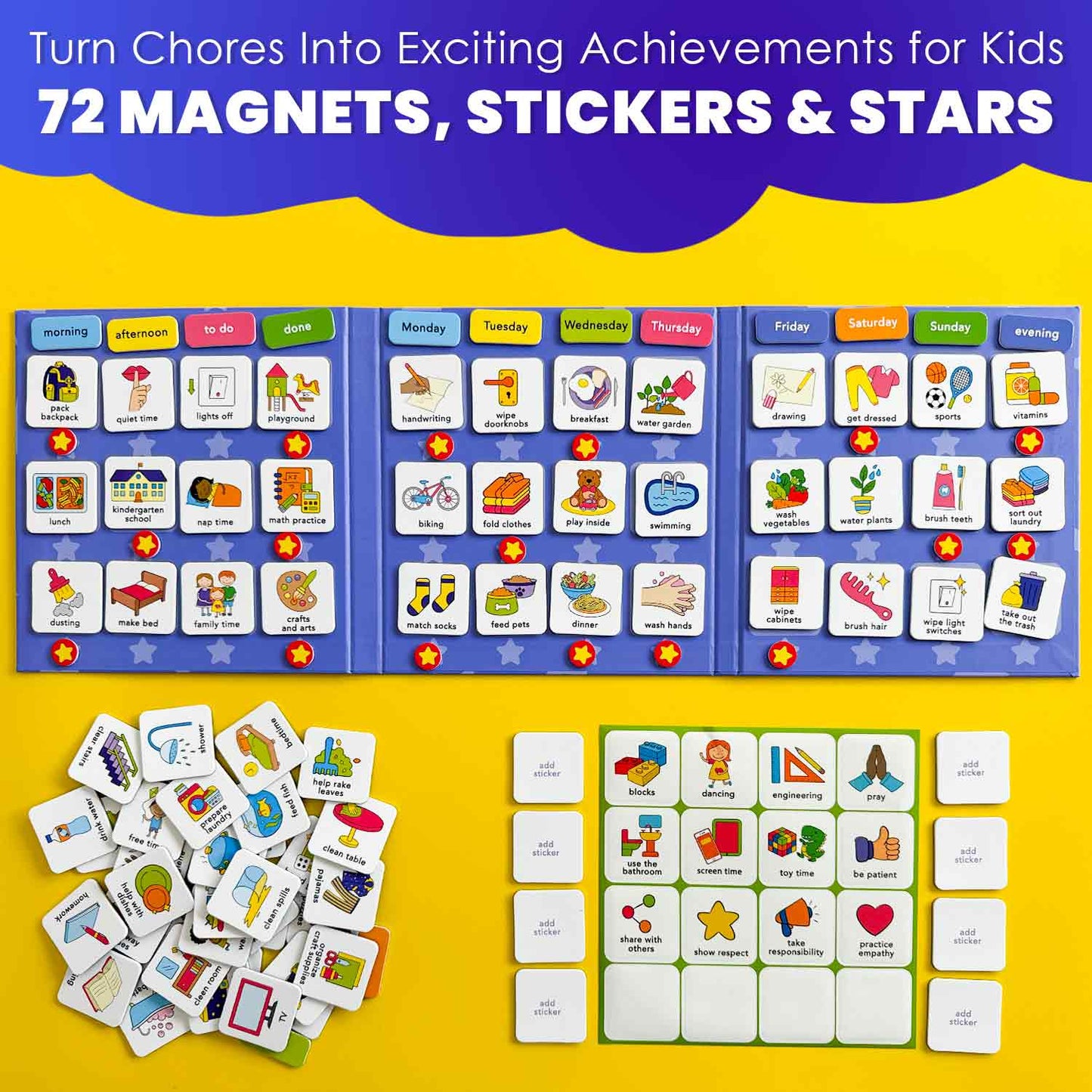 Magnetic Chore Chart for Kids | 72 Routine Magnets & Star Rewards