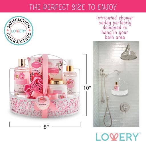 Pink shower caddy with bath products and dimensions, featuring LOVERY branding.