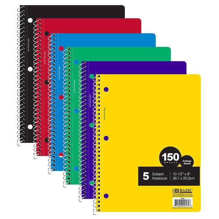 5 Subject Spiral Notebook: College ruled