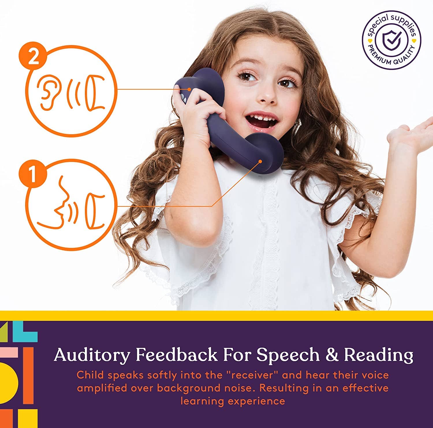 Child holding a toy phone with auditory feedback features explained, on a white background.
