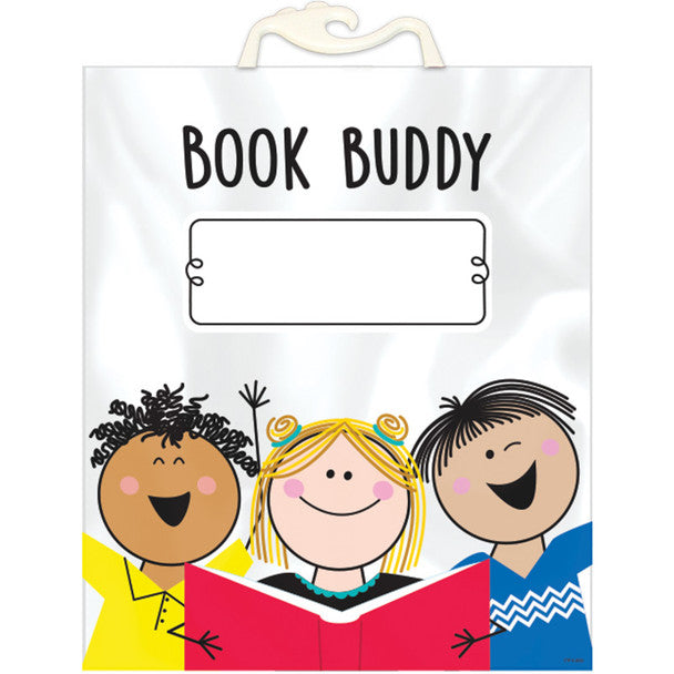 Hanging sign with cartoon children and 'Book Buddy' text on a white background