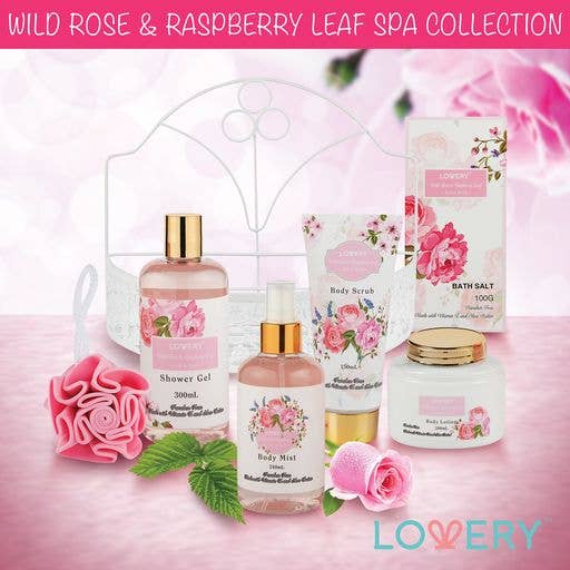 Wild Rose & Raspberry Leaf Spa Collection with various products on a pink background, featuring the brand 'LOVERY'.