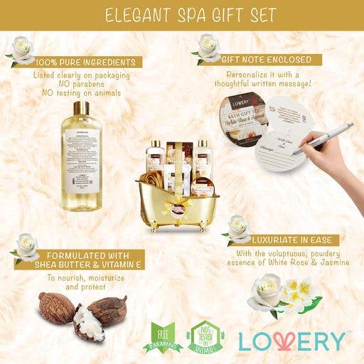 Elegant spa gift set with products and packaging on a light background, featuring LOVERY brand.