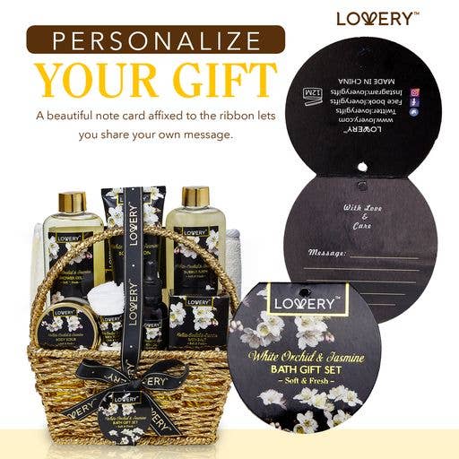 LOWERY White Orchid & Jasmine Bath Gift Set with personalized note cards.