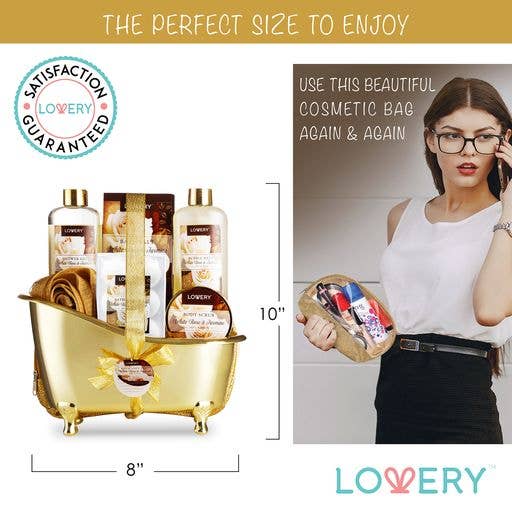 Gold bathtub-shaped gift basket with cosmetic products and a woman holding a smaller cosmetic bag, featuring LOVERY branding.