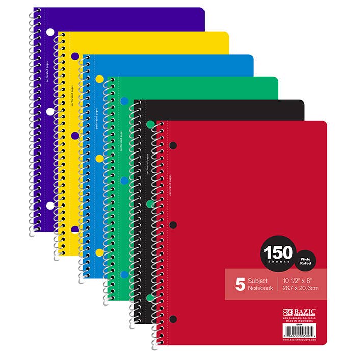 5 Subject Spiral Notebook: College ruled