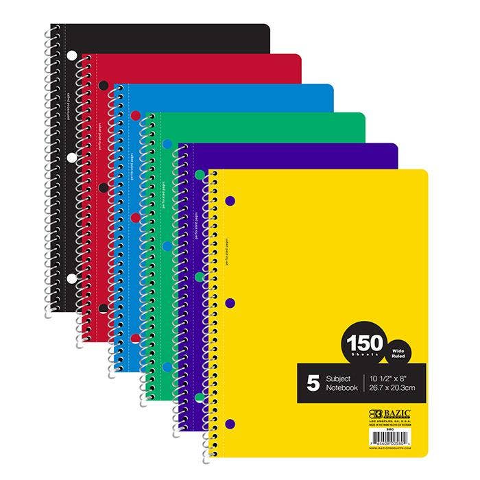 5 Subject Spiral Notebook: College ruled