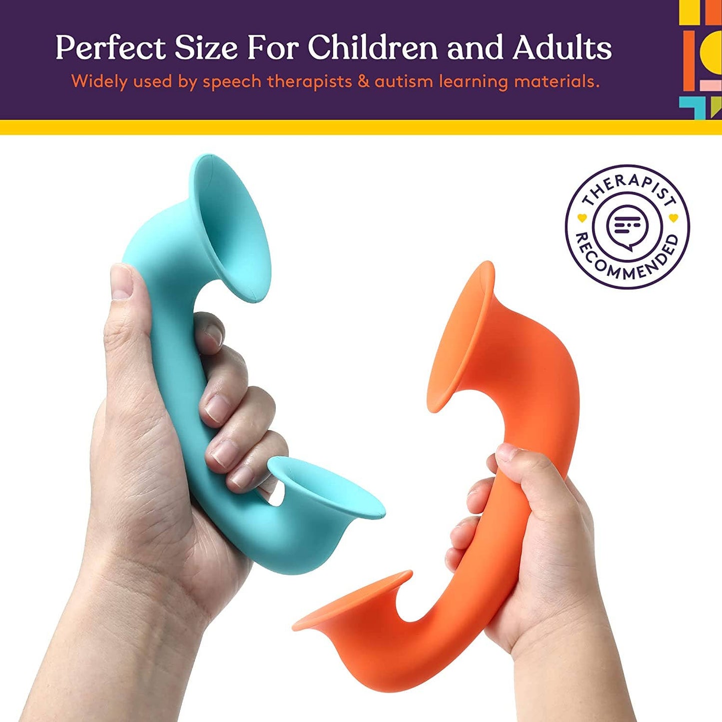 Two hands holding a blue and orange object, with text about its use by speech therapists and autism learning materials.