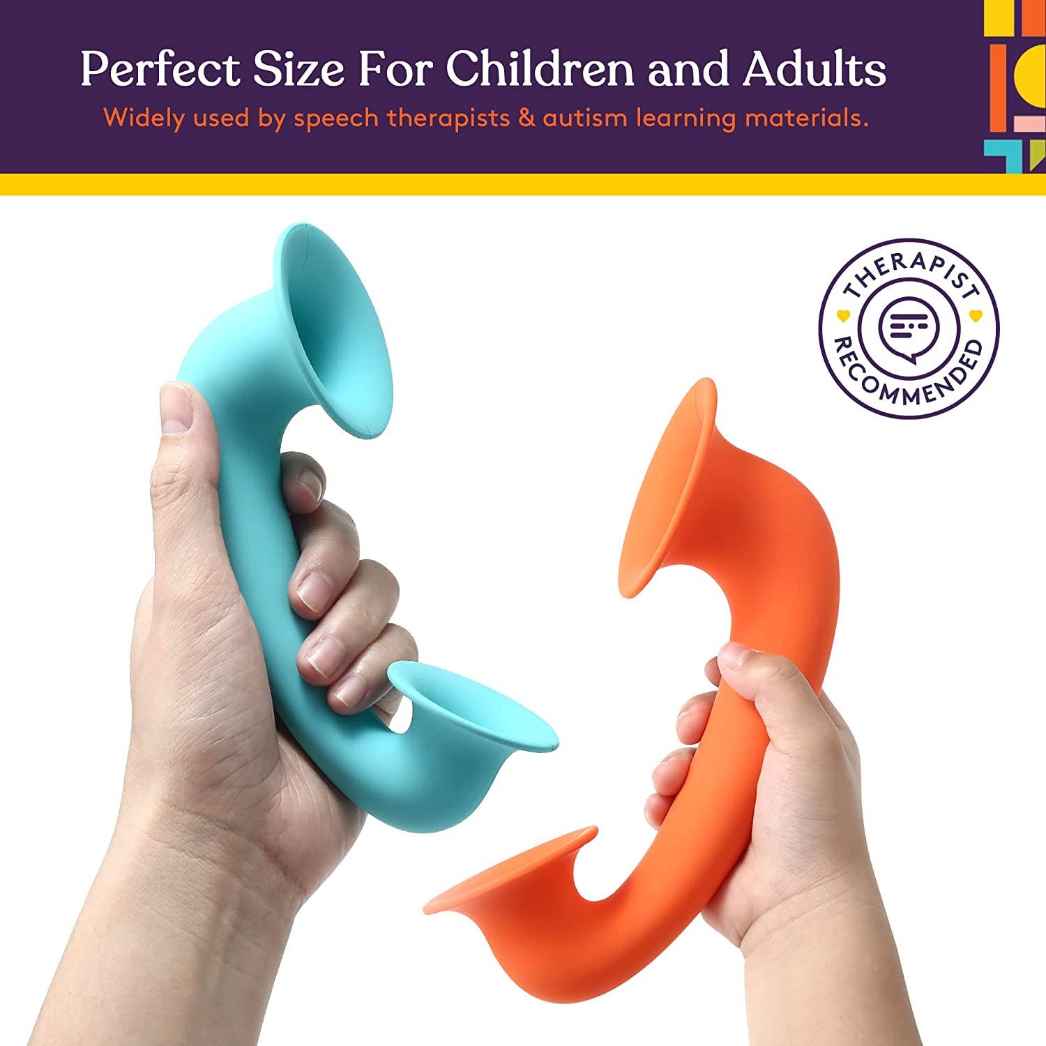 Two hands holding a blue and orange object, with text about its use by speech therapists and autism learning materials.