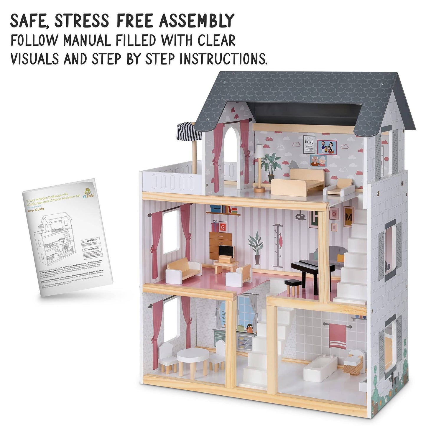 3-Story Wooden Doll House Set W/Elevator, Balcony & Stairs: Large