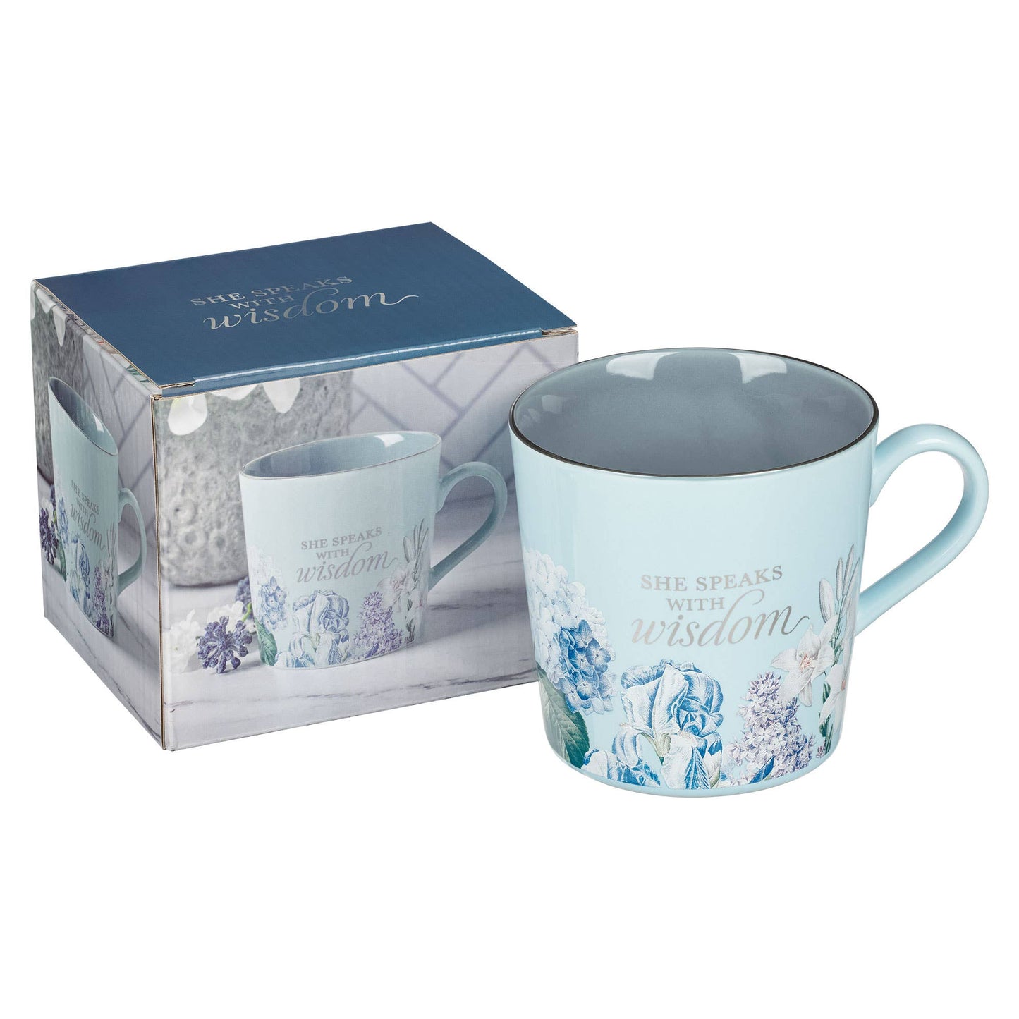 Mug Blue Two-tone Floral Wisdom Prov. 31:26