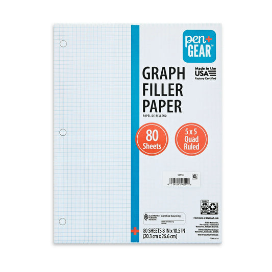 Pen+Gear Quad Filler Paper, Graph Ruled 5x5, 80 Sheets, 8" x 10.5