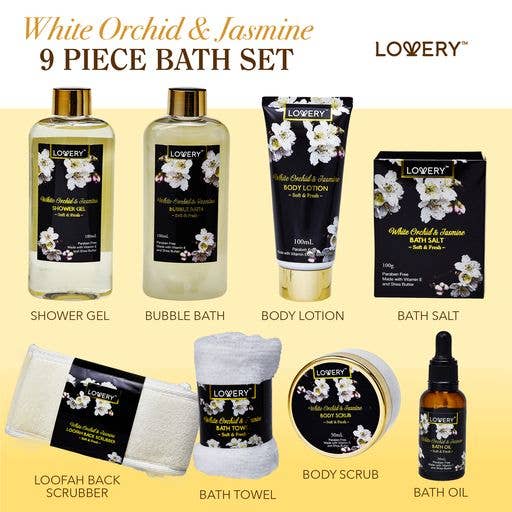 9-piece bath set with White Orchid & Jasmine theme from LOVERY on a yellow background