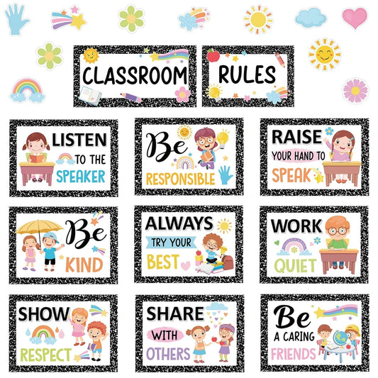 Harloon 43 Pcs Classroom Rules Posters Class Rules Bulletin Board Motivational Educational Behavior Wall Decor Good Habits Banner for Back to School Party Wall Decor Supplies