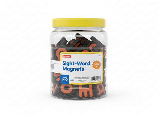Jar of sight-word magnets with a yellow lid on a white background
