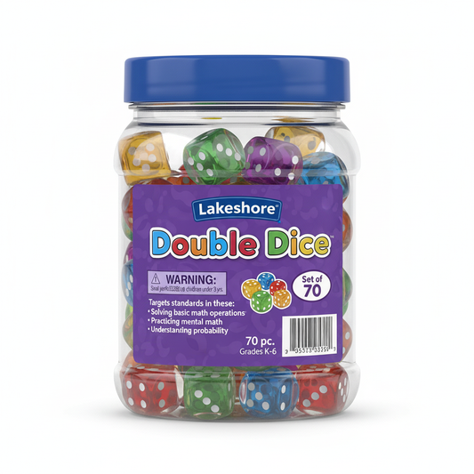 A container of Double Dice game sets with multicolored dice visible through the transparent lid, placed on a shelf with other toy items.