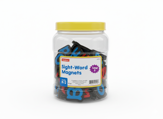 Jar of sight-word magnets with a yellow lid on a white background