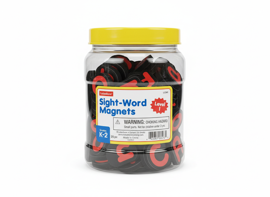 Jar of sight-word magnets with a yellow lid on a white background