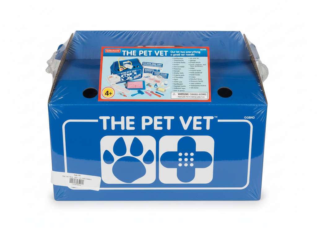 Blue packaging of 'The Pet Vet' toy set on a white background