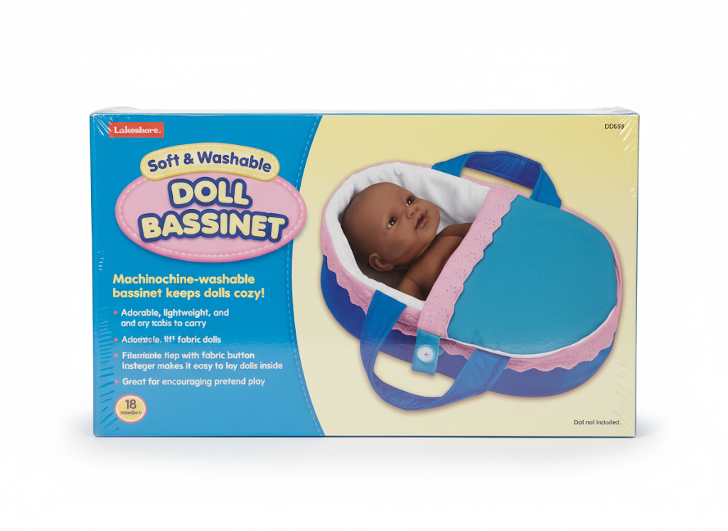 Lifelike Doll Bassinet packaging with a doll inside on a white background