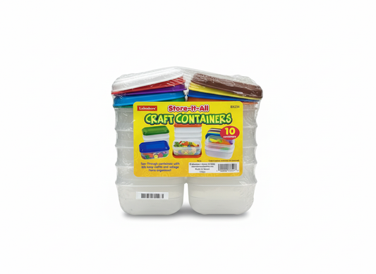 Pack of 'Store-It-All' craft containers with colorful lids on a white background