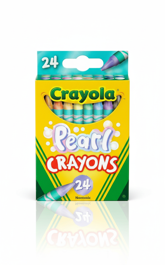 Crayola Pearl Crayons packaging with colorful crayons inside on a white background