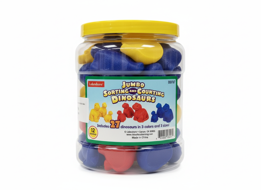 Jar of colorful dinosaur toys with a yellow lid on a white background