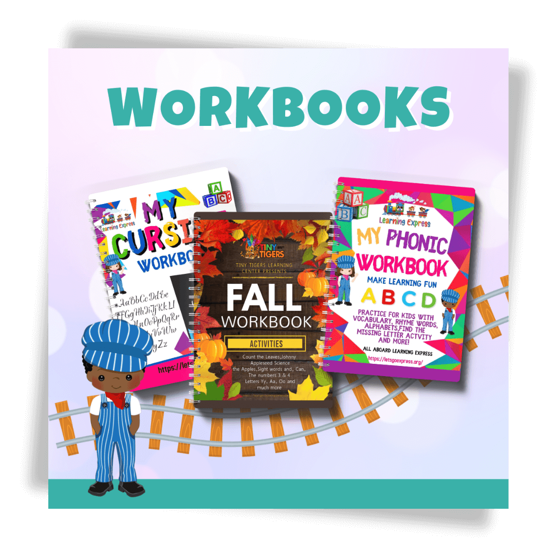 Three colorful workbooks labeled "My Cursive Workbook," "Fall Workbook," and "My Phonic Workbook" with a cartoon child in blue overalls.