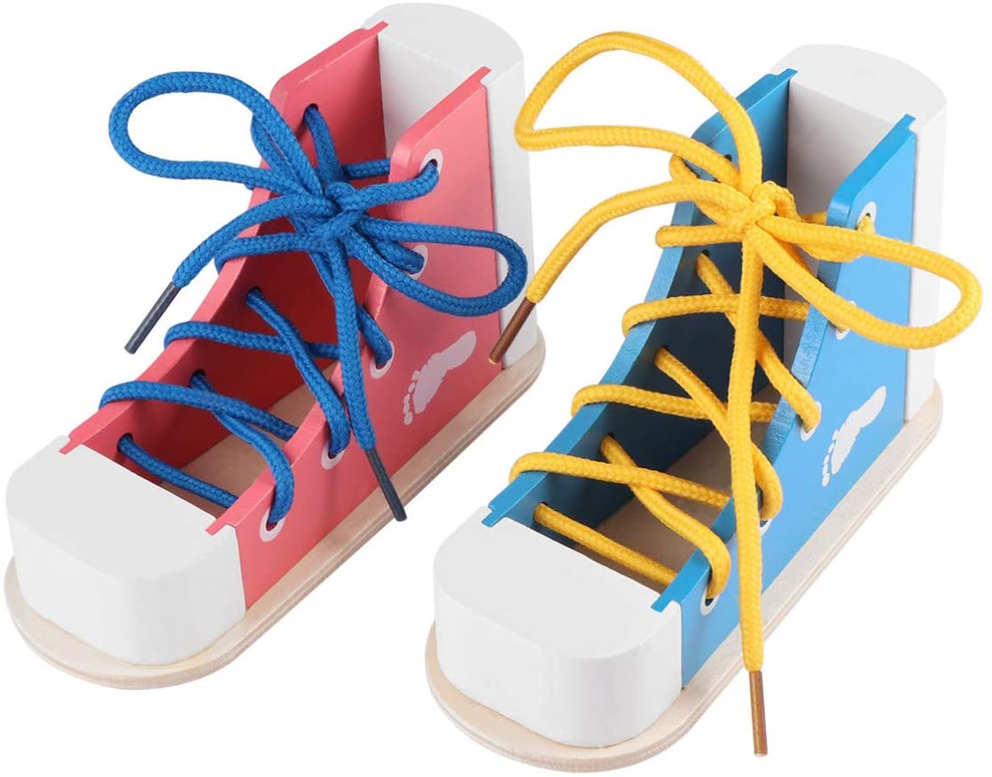 Toyvian Wooden Lacing Shoe Toy
