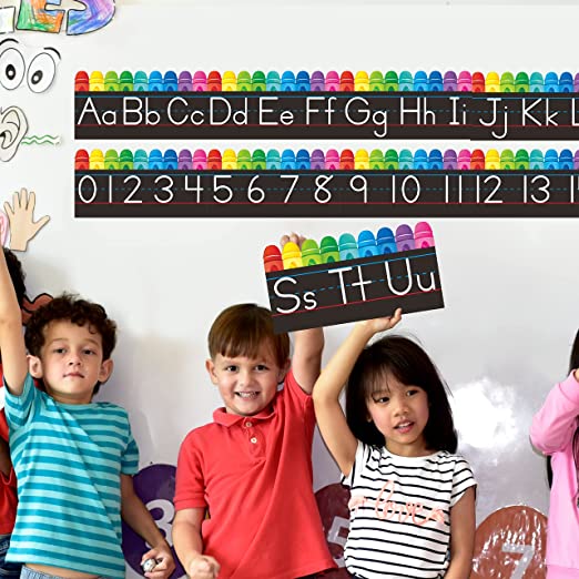 lphabet Bulletin Board Set, 15 PCS Crayon Die-Cut ABC Wall Decorations 26 Upper & Lower Case Letters Plus 0-20 Numbers