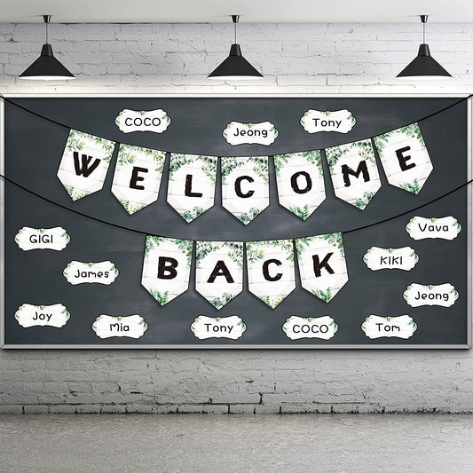 Welcome Back Banner for Classroom Decorations, Eucalyptus Welcome Bulletin Board Sign Banners with 50 Dry Erasable Multi-Purpose Cards and 80 Glue Point Dots for School Classroom Chalkboard Office