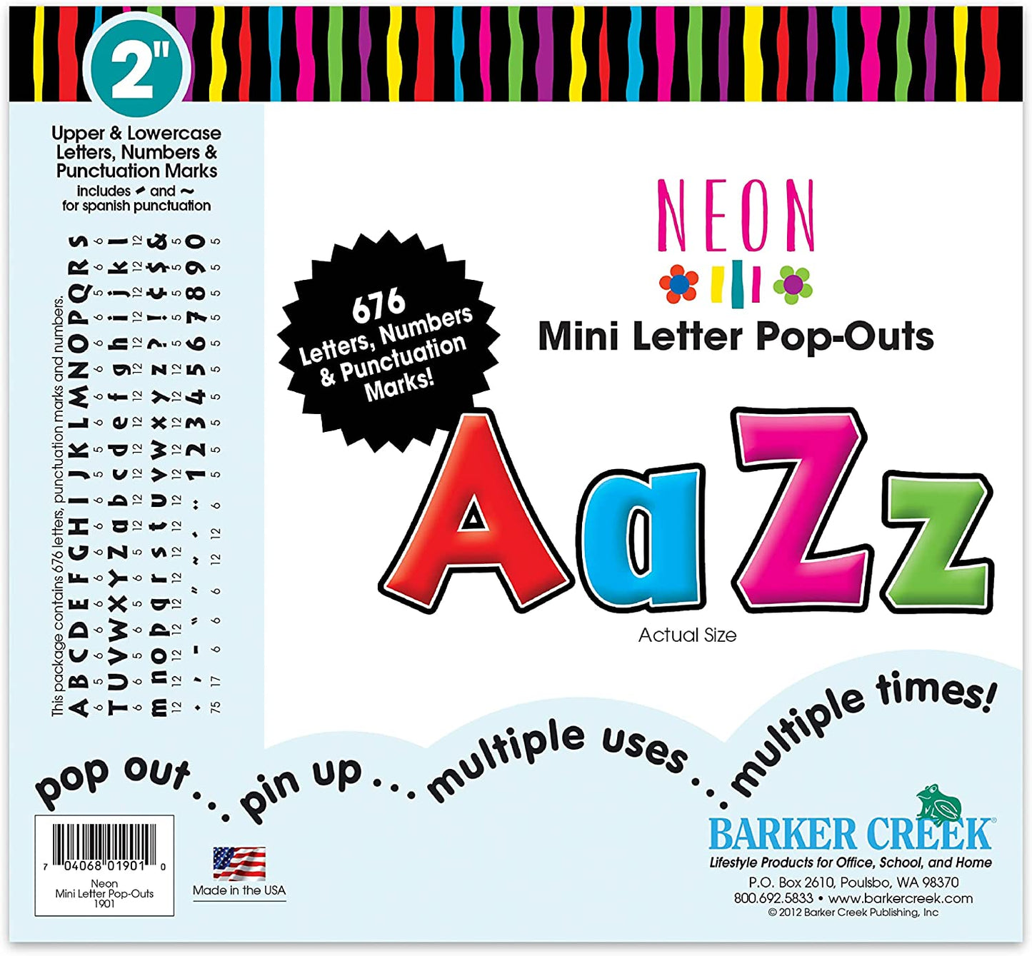 Barker Creek Letter Pop-Outs, 2" Neon, Multicolor Designer Letters for Bulletin Boards