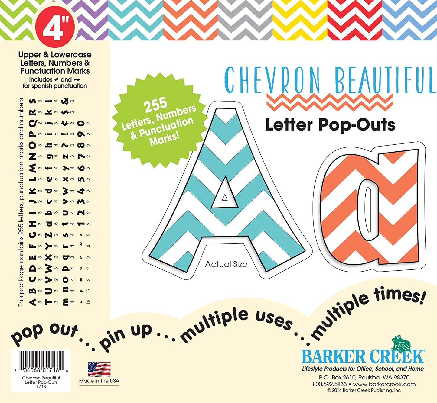 Barker Creek Letter Pop-Outs, 4" Chevron Nautical, Multicolor Designer Letters for Bulletin Boards, Breakrooms, Reception Areas, Signs, Displays, and More! 4", 255 Characters per Set (1719)