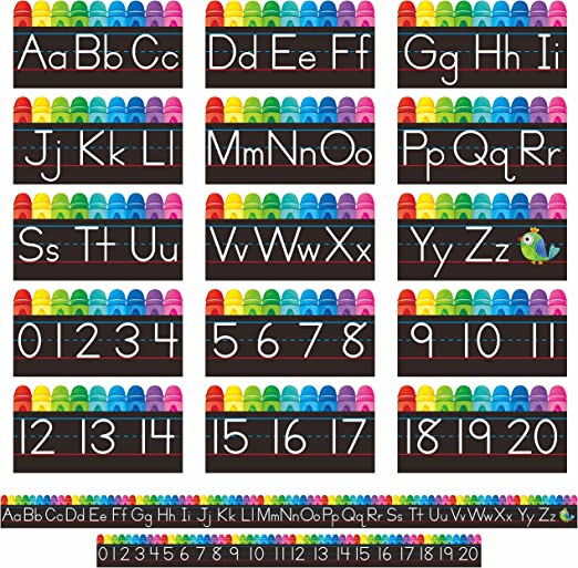 lphabet Bulletin Board Set, 15 PCS Crayon Die-Cut ABC Wall Decorations 26 Upper & Lower Case Letters Plus 0-20 Numbers